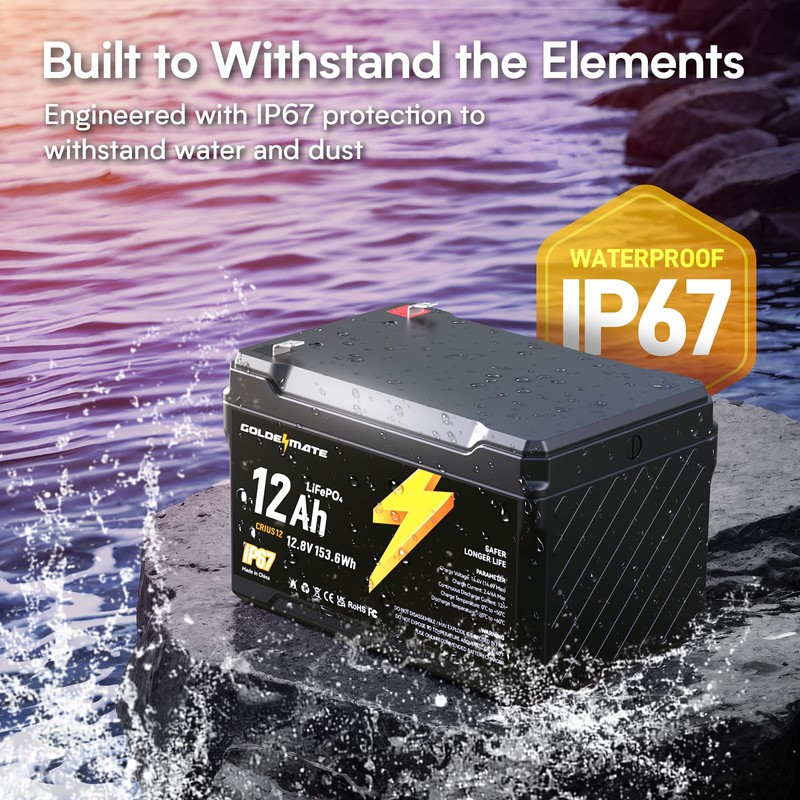 12V 12Ah LiFePO4 Lithium Battery, IP67 Waterproof, Lightweight