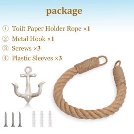 Nautical Rope Toilet Paper Holder Wall-Mounted Towel Ring Nautical Toilet Paper Holder with Metal Hooks Coastal Towel Rack Natural Antique Rope(White)