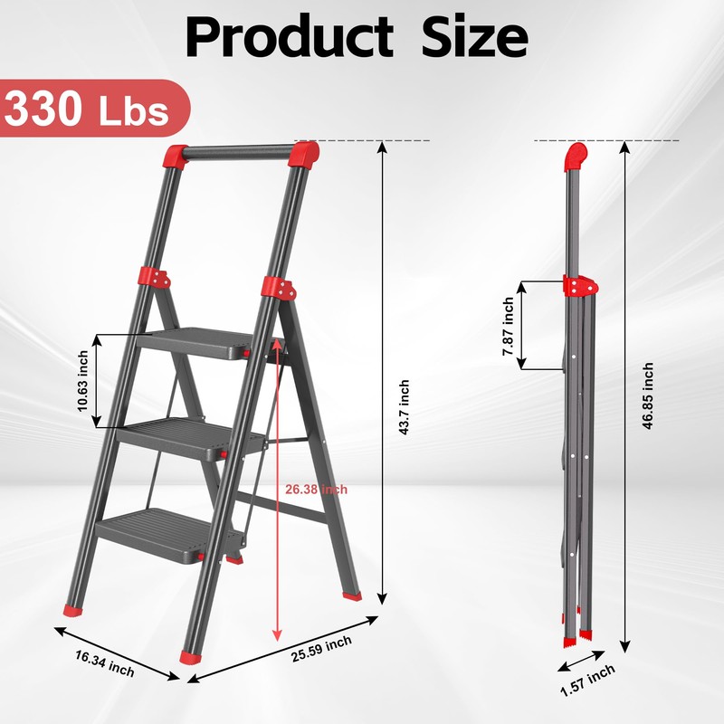 3 Step Ladder, DIAMONDFORGE Folding Step Stool with Wide Anti-Slip