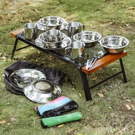 Outdoor Camping Mess Kit, Stainless Steel Tableware Mess Kit Includes Plate Bowl Cup Spoon Fork Knife in Mesh Bags for Camping Backpacking & Hiking for 4 Person