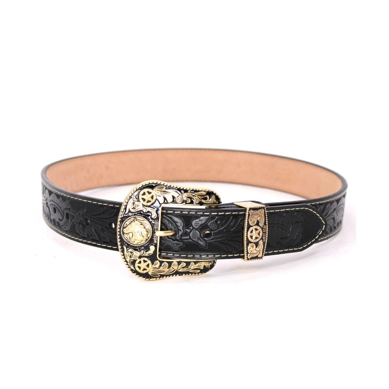 Western BK Belt Genuine Leather Floral Gold Star Horse Buckle