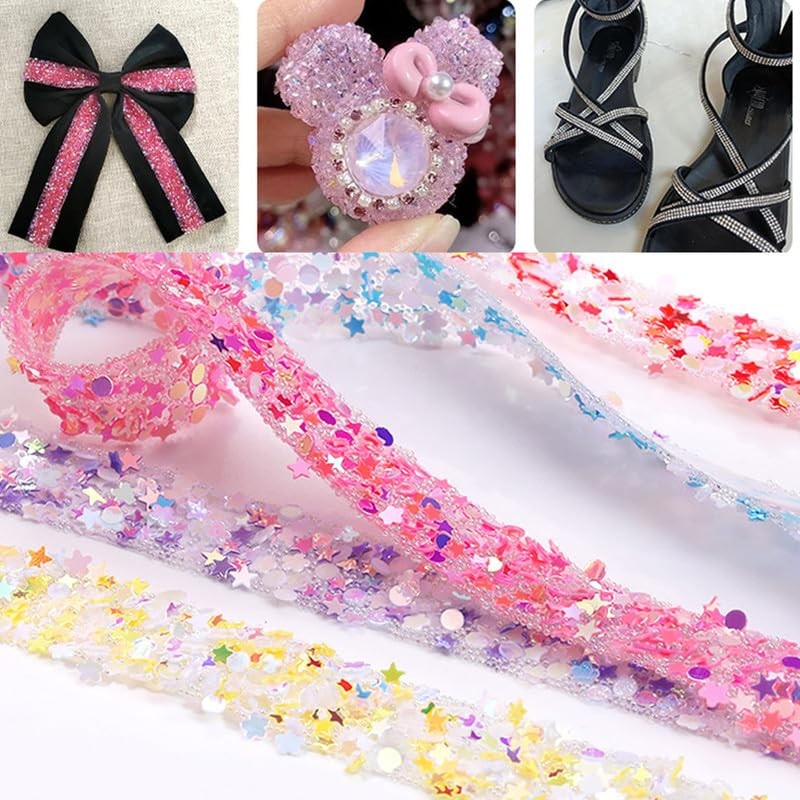 2 Rolls 1 Yard*1.2cm Self-adhensive Resin Sequin Rhinestone Ribbon Light