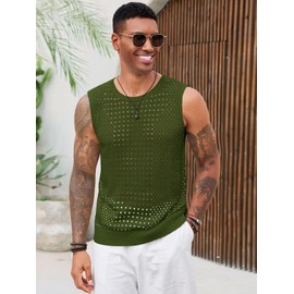 Runcati Mens Knit Sleeveless Tank Tops Casual Hollow Out T Shirts Beach Summer See Through Tops Army Green