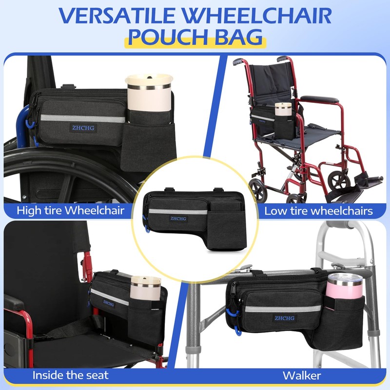 ZHCHG Upgraded Wheelchair Side Bag with Cup Holder, Wheelchair Armrest