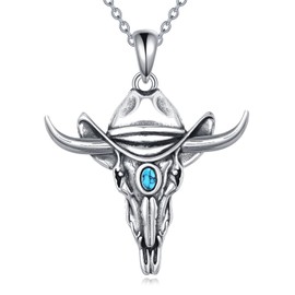POPLYKE Bull Cow Skull Sterling Silver Turquoise Western Cowboy Necklace Pendant Cowgirl Necklaces for Women, one size, Sterling Silver, Turquoise