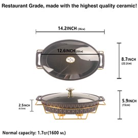 jinsongdafa Ceramic Casserole Dish with Glass Lid and rack, 1.7 Quart Serving Soup Tureen,Chafing Dish for Buffet, Family Food preserve Tray, Catering Casserole for Party Style,Black 14.2 Inch Oval