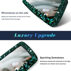Murimt Bling Car Rearview Mirrors Decorations Rear View Mirror with HD Glass Rhinestones Automotive Interior Mirrors Diamond Bling Car Accessories for Women (HSJ-Green Gem)
