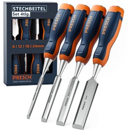 Presch Professional Chisel Set for Wood 4 Pieces - Sharp Rising Bar Set (6 mm, 12 mm, 18 mm, 24 mm) - Professional Chisel Set with 25° Wedge Angle Including Robust Metal Striking Cap - Polished and