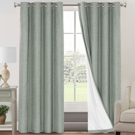 PrinceDeco 100% Blackout Curtains for Bedroom/Living Room Thermal Insulated Curtains 96" Long Soundproof Linen Curtains for Hall Room Anti-Rust Grommet with White Liner,2 Panels, Green Bay