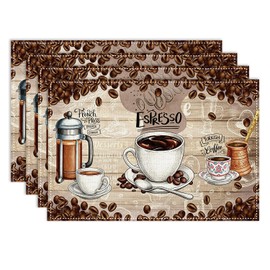 Coffee Time Placemats Set of 4, 12x18 Inch Farmhouse Retro Coffee Bean Cup Latte Tea Party Wooden Plank Holiday Cafe Table Mats for Party Kitchen Dining Decoration