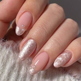 YoYoee Short Almond False Nails Full Cover Nails Tips French Bling Press on Nails Nude Pearl Fake Nails for Women and Girls 24PCS