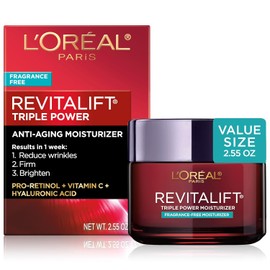 Crema facial hidratante facial de LOreal Paris Skin Care, Revitalift Triple Power anti-edad con Pro Retinol.                                          