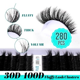 GEMERRY Fluffy Lash Clusters 3D Effect 280pcs Cluster Lashes 10-18mm Mixed Volume Lash Extensions Thick Eyelash Clusters Matte Black DIY Lash Extensions (40D,10-18mm)