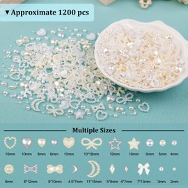 1200Pcs 3D Multi Shapes Nail Charms and Flatback Pearls, White&Beige Mix Styles Heart Star Bow Sunflower Embellishments for Nail Art, Craft and Decoration with Glue Gel, Tweezer and Pickup Pencil