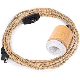 Wood Pendant Light Cord Kit with Dimmable Switch, Vintage Industrial Hanging Light Plug in Lamp Cord with Twisted Nylon Rope Pendant Lights Socket E26 E27 for Farmhouse Lamp Cable Retro DIY (16.4FT)