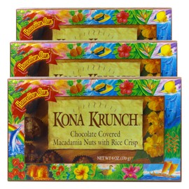 Hawaiian Sun Island Chocolates Gift Pack Chocolate Macadamia Nuts 5 oz Kona Crunch 6 oz and 70% cacao dark chocolate macadamia 5 oz (Kona Crunch Macadamia with Rice Crisps, 5 oz)