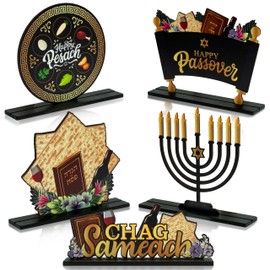 CPicdn 5Pcs Happy Passover Wooden Centerpieces Sign, Happy Pesach Table Sign CHAG Sameach Wood Table Topper Decoration, Passover Seder Meal Home Office Desk Shelf Decor Jewish Holiday Party Supplies