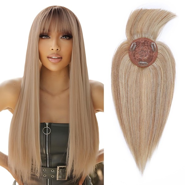 Elailite Women’s Toupee, Topper Hairpiece, Real Hair, Fringe, MONO, 150% Density, Clip-In Hair Extensions, Remy, Straight, 35 cm, 38 g, #12/613 Golden Brown & Bleached Blonde