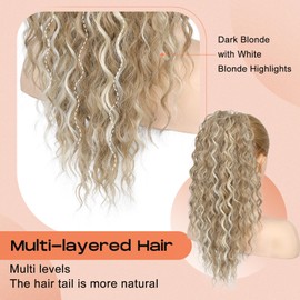 SEIKEA Ponytail Extension, PT005 Isabella 18" Long Bohemian Curly Drawstring Ponytail Light Fluffy Multi Layered Clip in Hair Extensions Ponytail Natural Soft Synthetic Hairpiece DarkBlondeWhiteBlonde