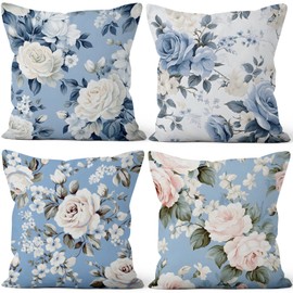 Vie Savaran 4 Pcs/Set Rose Flowers Pillow Covers Summer Floral Green Leaves Flowering Shrub Plants Natural Scenery Colorful Watercolor Linen Cushion Case for Outdoor Couch Sofa Bedroom, 20"x20"