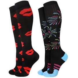 JMHACHY 2Packs Compression Socks for Women - 15-20 mmHg Graduated Support for Circulation, Knee High for Nurses, Athletes, Travel, Lips-Fireworks, L/XL