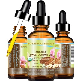 Botanical Beauty Organic SWEET ALMOND OIL 100% Pure Natural Virgin Unrefined Undiluted Cold Pressed Carrier Oil for Face, Skin, Body, Hair, Massage, Nails. 4 Fl. oz - 120 ml
