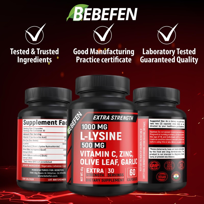 L-Lysine 1,000mg Capsules + Olive Leaf 200mg + Garlic Bulb