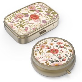 Pill Organizer Pill Box with Mirror Retro Small Pill Case for Purse or Pocket Bronze Pill Box or Vitamins, Fish Oil, Supplements, Pill Containe Travel Gifts（2PCS-Retro Red Flowers）