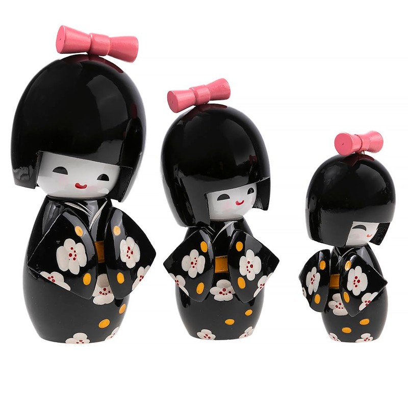 lachineuse 3 Japanese Kokeshis Dolls - Design and Black Hue,