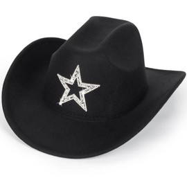 Bawnhaw Western Sparkly Star Cowboy Hat for Women Men, Black Felt-Fedora Rolled-Up Bling-Rhinestone Disco Sequin Cowgirl Hat M