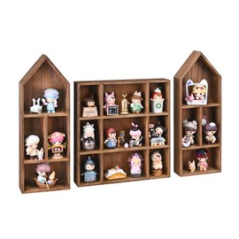 Ikee Design 3 Pcs Set Wooden Shadow Cubby Box Display Shelf Organizer Storage Shadow Box for Collectibles, Mini Figures, 17 compartments, Brown Color, 22.8W x 2.4D x 15.7H in