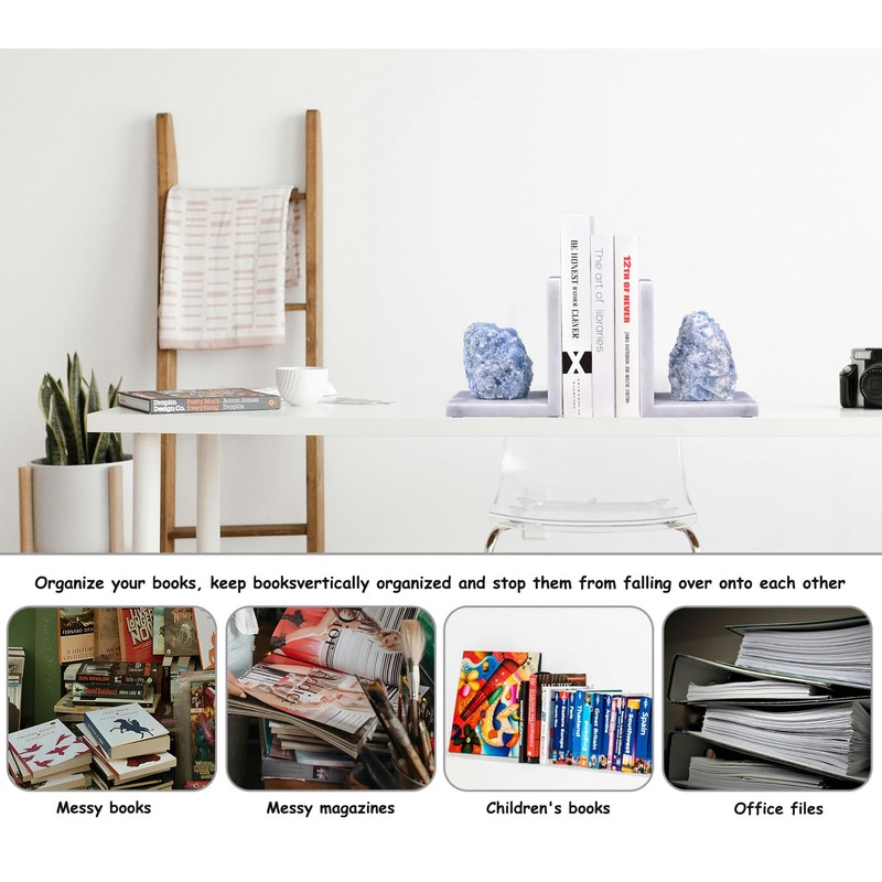 AMOYSTONE Natural Marble Bookends Heavy Duty for Shelves, L-Shaped Decorative
