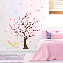 Cherry Tree Wall Stickers Pink Cherry Blossom Flower Wall Decals Cherry Tree Floral Wall Decals Peel and Stick Cherry Flower Wall Stickers for Girls Bedroom Nursery Decor