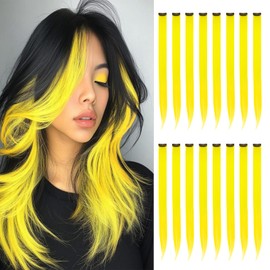 HappClan Yellow Colored Hair Extensions, Multi-colors Party Highlights Clip in Synthetic Hair Extensions, 22 inch Rainbow Hairpieces for Girls Women Kids Favor Gift (16 PCS Yellow Hair)