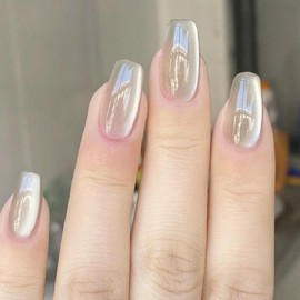 Press on Nails Medium Coffin SWEKKE Fake Nails Gray White Full Cover Magnetic Nails Press on Glossy Glue on Nails False Nails Acrylic Nails Artificial Nails for Women Girls 24Pcs