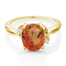 18K Yellow Gold Plated Silver Twilight Orange Mystic Quartz and White Created Sapphire 3 Stone Ring For Women (2.73 Cttw, Oval 10X8MM, Gemstone Birthstone, Available In Size 5, 6, 7, 8, 9)