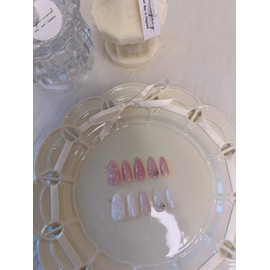 Spring Nail❤Ice Glass Ribbon Pink White Handmade Nail Tip - Oval / 봄 네일❤얼음 유리리본 핑크화이트 수제네일팁 - 오발