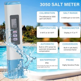 Bzsunway SALT-3050 Waterproof IP65 Meter, Digital Salinity PPM Temperature Tester Suitable for Salt Water Pool and Koi Fish Pond