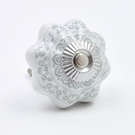 Grey Detailed Floral Pattern Ceramic Knob, Pull, Handle, for Cupboards, Doors, Cabinets, Drawers, Furniture, Kitchens (Plus Fitting Hardware) 4.3 cm Diameter 3.1 cm Rod Length