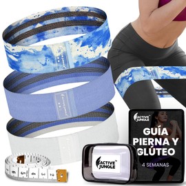 Active Jungle Bandas de Resistencia para Ejercicio | Kit 3 Ligas de Resistencia Elásticas de Tela | Fuerza, Fisio, Yoga, Crossfit, Gym | Glúteo, Piernas, Cadera | Bolsa, Manual y Retos | Garantía