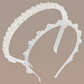 Meyeyaia 2 Pcs White Pearl Headband for Girls Women,Fashion Artificial Pearl Headpiece,Cute Beaded Headband for Wedding Bride Styling Accessories