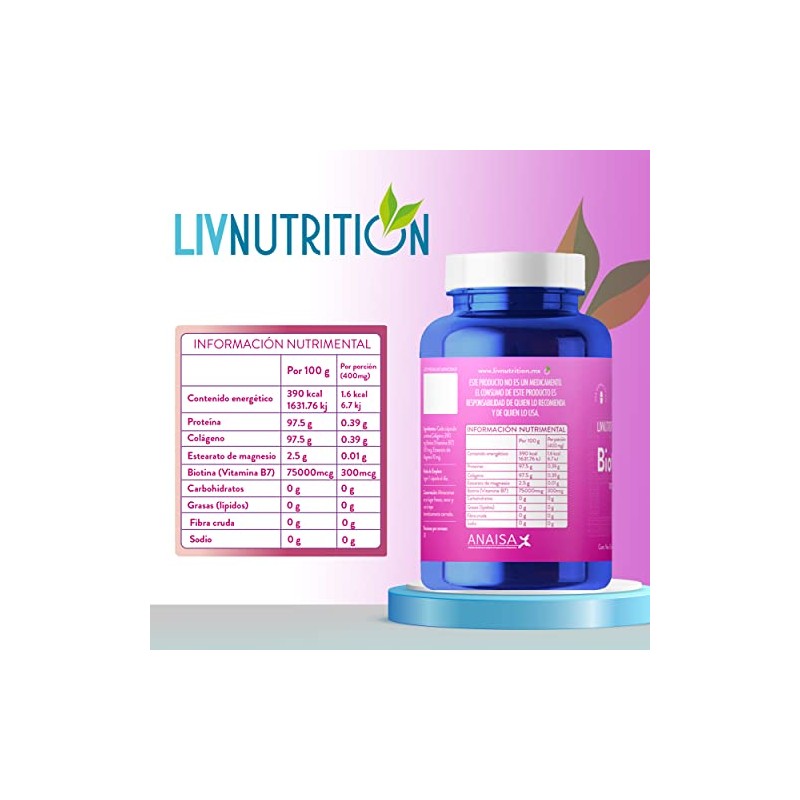 Liv Nutrition Biotina Colágeno 400 Cápsulas Veganas Gluten Azúcar Pack