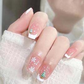 OHWODA French Tips Press on Nails Short Square Fake Nails, Christmas Press on Nails with Snowflake Christmas Tree Designs Full Cover Glue on Nails Glossy Christmas False Nails for Women DIY 24Pcs