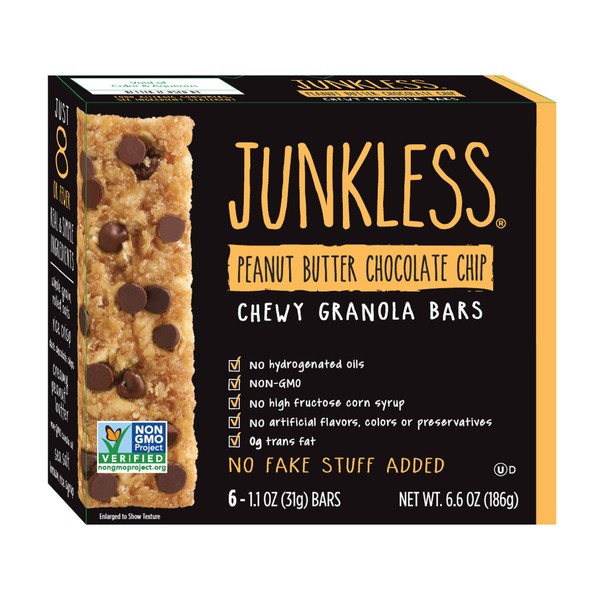 Barras de granola masticables JUNKLESS con mantequilla de maní, 6 barras de 1.2 onzas, sin OMG, bajo azúcar, gran sabor, hechas para niños y familias