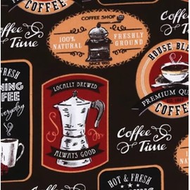 Fat Quarter - Coffee Theme ~ 18" inch x 20" inch - 100% Cotton Fabric ~ Sayings: Morning Coffee, Coffee Time, Fresh Ground