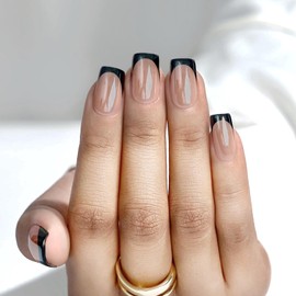 Black French Tip Press On Nails, Short Square fake Nails with Nail Glue, Reusable Soft Gel Stick On Nails for Women Girls Gift, 24PC Elegant Glue On Nails Kit