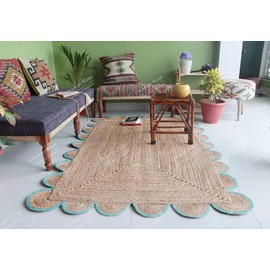 Chouhan Rugs Natural Jute Scalloped Area Rugs Handwoven Boho Indoor Farmhouse Braided Rug for Livingroom, Bedroom, Kitchen (Turquoise-N5, 2x6)