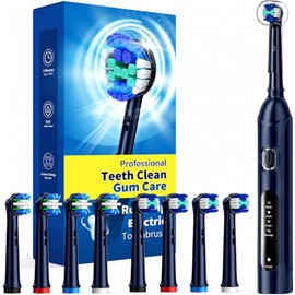 Cepillo de dientes eléctrico giratorio con estuche de viaje para adultos, 4 modos de limpieza profunda con 8 cabezales de cepillo (2 tipos), 25 días d