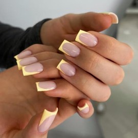 SXVME 30 uñas postizas acrílicas de punta francesa, cortas y cuadradas, color amarillo claro, con pegamento para mujeres, 15 tamaños.