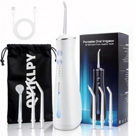 QYIKLPY Irrigador bucal,limpiador dental con 5 modos y 6 boquillas,water flosser carga Type-C,300 ml portátil inalámbrico,IPX7 impermeable Apto para varios miembros de la familia,viaje y ducha